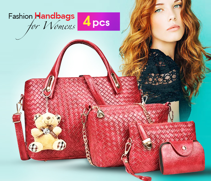 ELLEN AM04 Emboss Plaid Bag Women Luxury 4pc Handbag with Bear - Red - Zoom Image