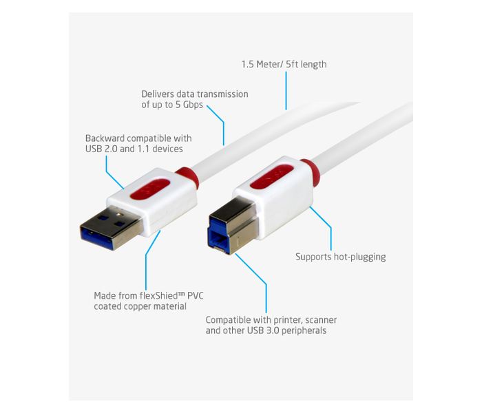 Promate Linkmate-U3 Super Speed Type-A to Type-B USB 3.0 Cable, White - Zoom Image 2