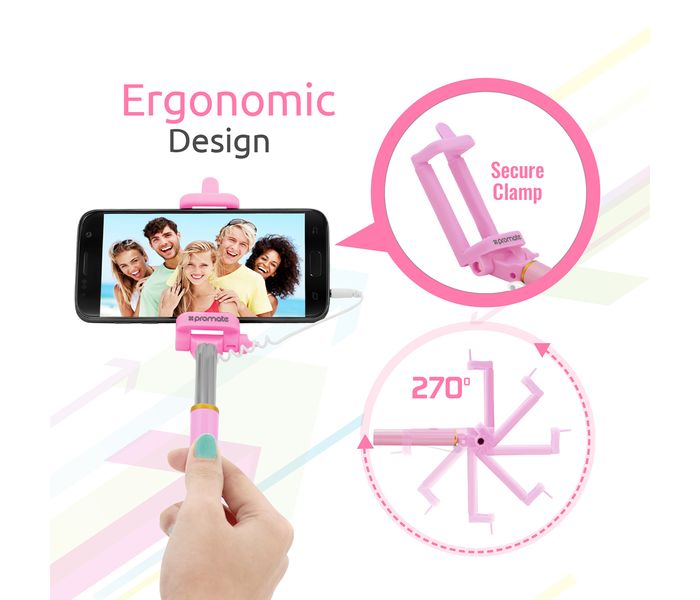 Promate Minipod Perfectly Foldable Extendable Selfie Stick Pole Wire Monopod with Remote Shutter, Pink - Zoom Image 4