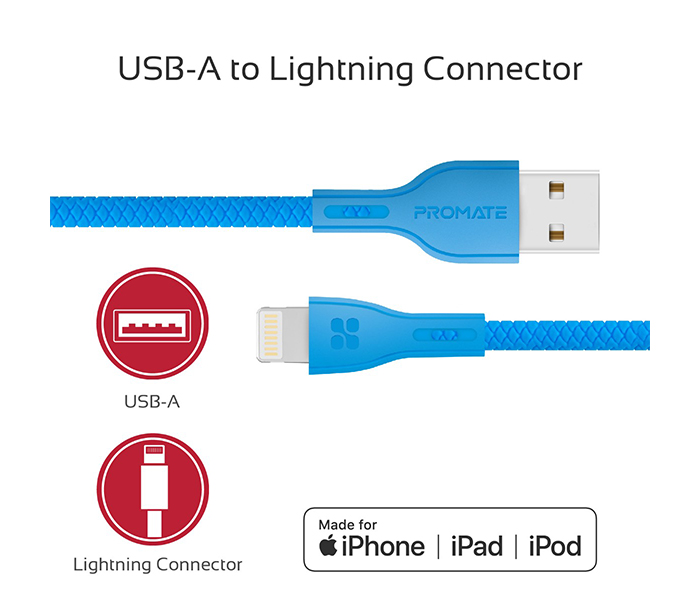 Promate Powerbeam-i Lightning to USB-A Charging Cable - 1.2 Metre, Blue - Zoom Image 2