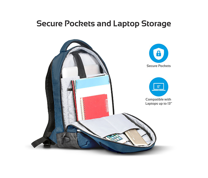 Promate Explorer-BP 13-inch Anti-Theft Laptop Backpack with USB Charging Port - Blue - Zoom Image 1