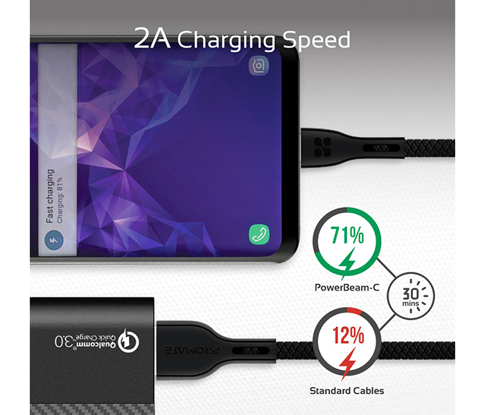 Promate Powerbeam-C USB to USB Type C Fast Charging Cable with Over-Current Protection - 1.2 Metre, Black - Zoom Image 6