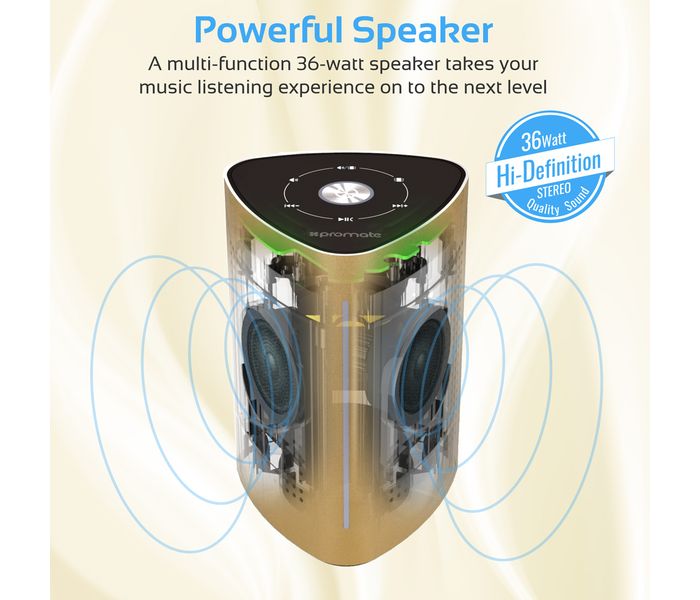 Promate Cyclone Portable Bluetooth Speaker with Touch Control System - Gold - Zoom Image 1