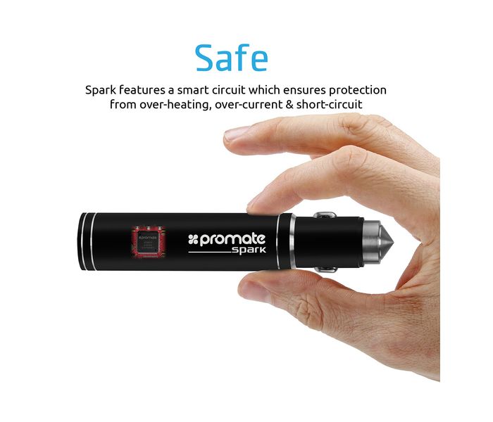 Promate Spark 12V 2 in 1 Aluminum USB Car Charger with Emergency Hammer and Powerbank, Black - Zoom Image 6