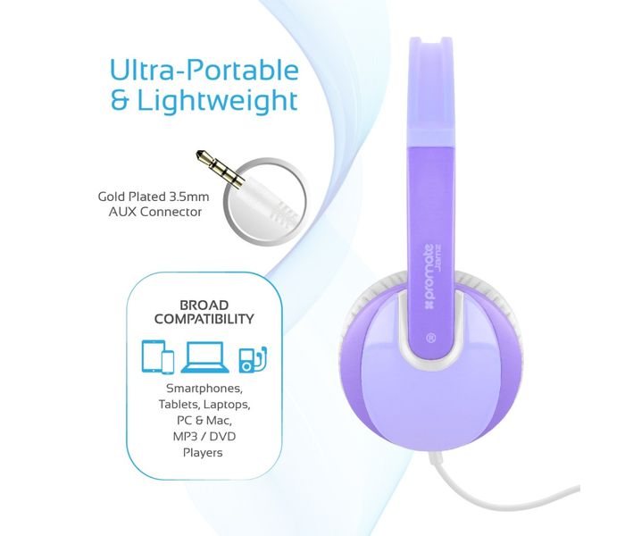 Promate Jamz Kiddie Over-The-Ear Wired Stereo Headset with HD Sound, Purple - Zoom Image 3