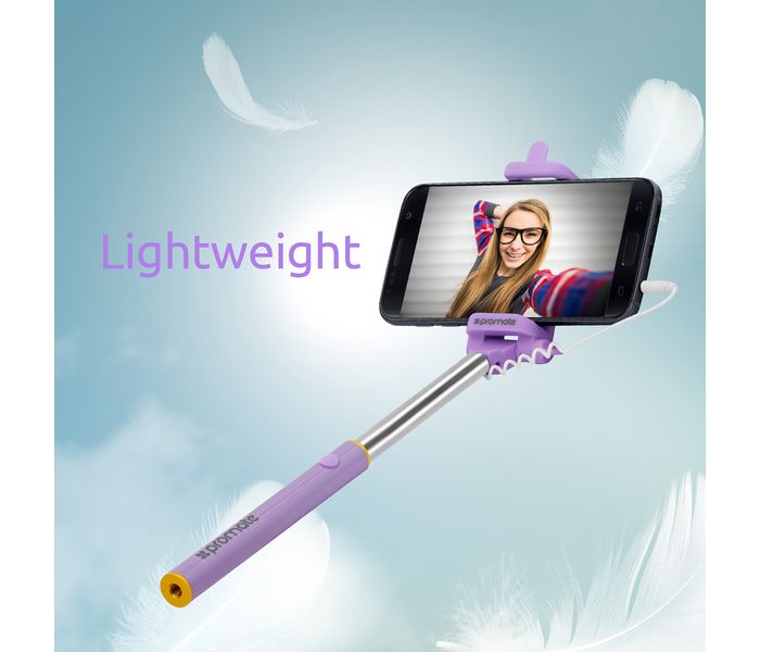 Promate Minipod Perfectly Foldable Extendable Selfie Stick Pole Wire Monopod with Remote Shutter, Purple - Zoom Image 1