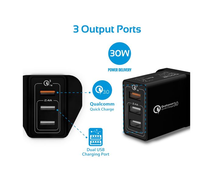 Promate Kraft-QC-UK 30W Quick Charge QC 3.0 Wall Charger with 3 USB Ports, Black - Zoom Image 1