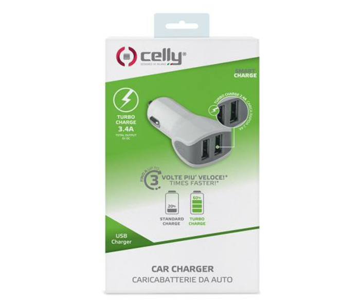 Celly CC2USBTURBOWH 3.4A Dual USB Turbo Car Charger - 1 Meter, White - Zoom Image 1