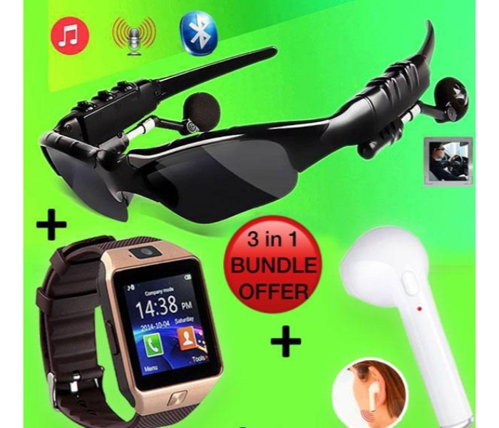 3 in 1 Gift Set of Digital Stereo Bluetooth Earphone Sunglasses and I7 Mini Single Earphone with Mic, DZ09 Smart Watch with Camera, Memory and Sim Card Slot BSB31 Assorted - Zoom Image 4