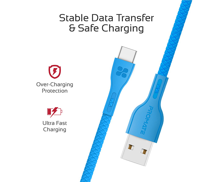 Promate Powerbeam-C USB to USB Type C Fast Charging Cable with Over-Current Protection - 1.2 Metre, Blue - Zoom Image 4