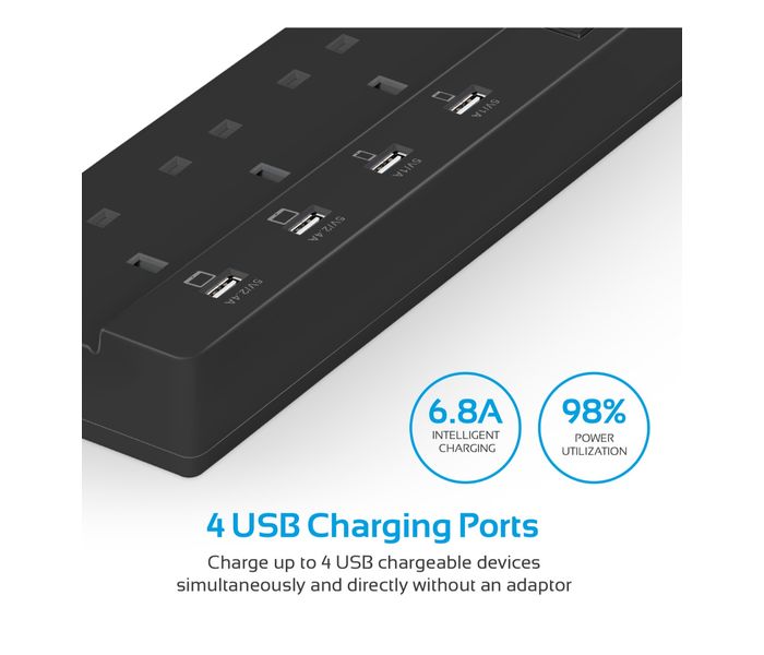 Promate PowerStrip-4UK 2500W 10A Multiport Power Strip for Home & Office, Black - Zoom Image 1