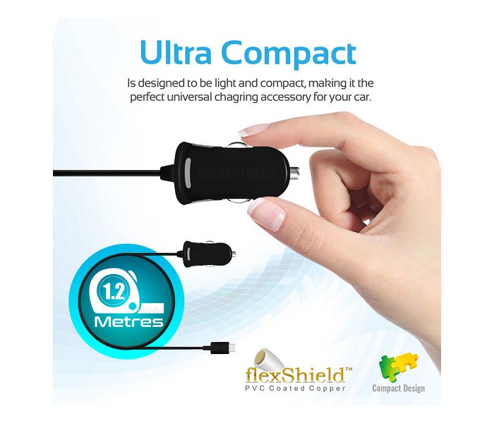 Promate ProCharge-M1 Universal Car Charger with Built in Micro USB Cable, Black - Zoom Image 1