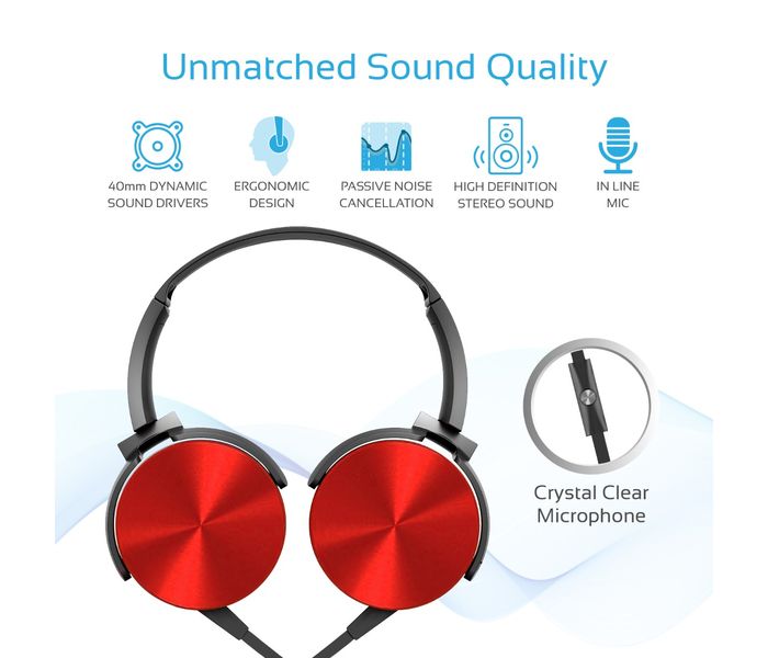 Promate Chime Rotatable Over-The-Ear Wired Stereo Headset with Built-In Mic, Red - Zoom Image 2