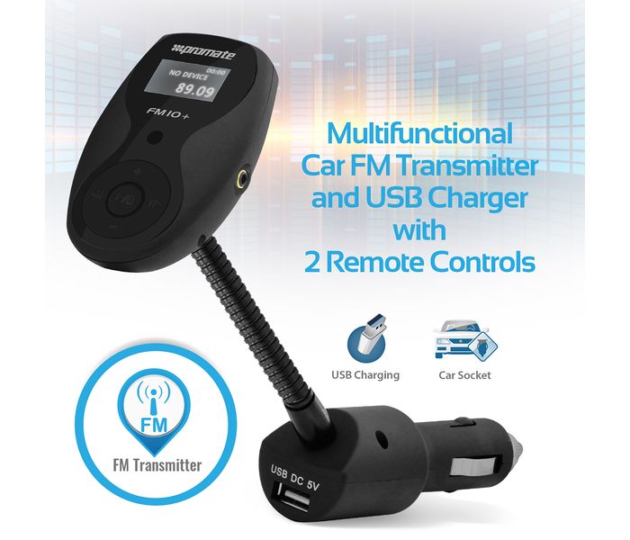 Promate FM10+ Wireless In-Car FM Transmitter Adapter Car Kit with USB Car Charging - Black - Zoom Image 1