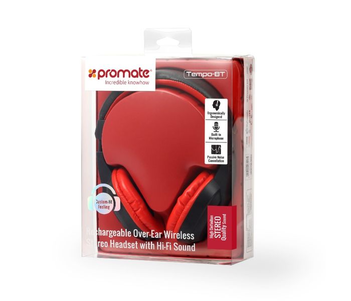 Promate Tempo-Bt 2-In-1 Rechargeable Over-Ear Wireless and Wired Stereo Headset with Microphone, Red - Zoom Image 7