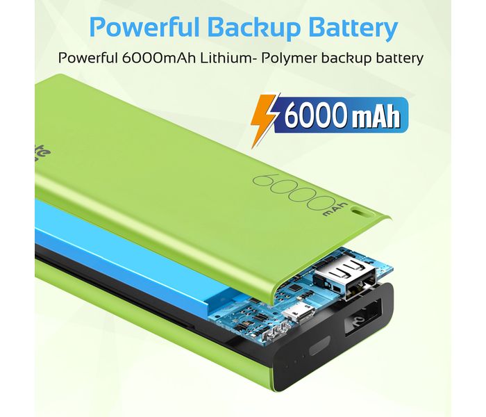 Promate Energi-6 6000 mAh Ultra Compact Portable Power Bank with 2.1A USB Port, Green - Zoom Image 1