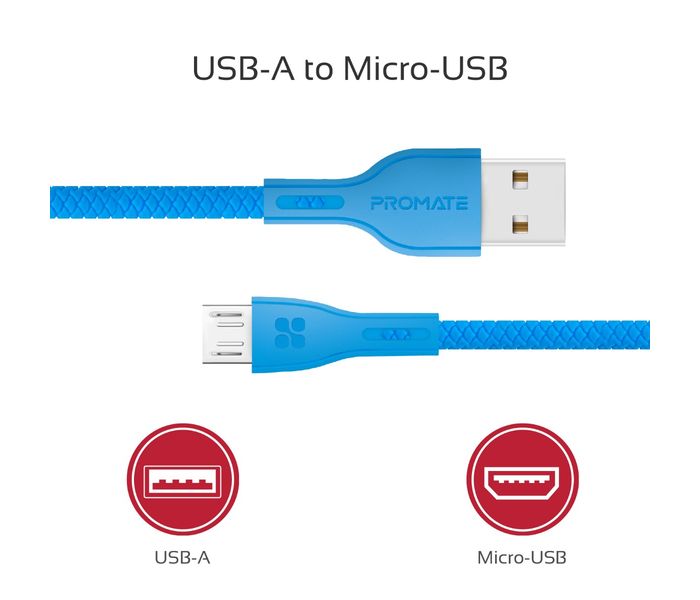 Promate Powerbeam-M Premium 2A Android Fast Charging Micro-USB Cable with Over-Charging Protection - 1.2 Metre, Blue - Zoom Image 2