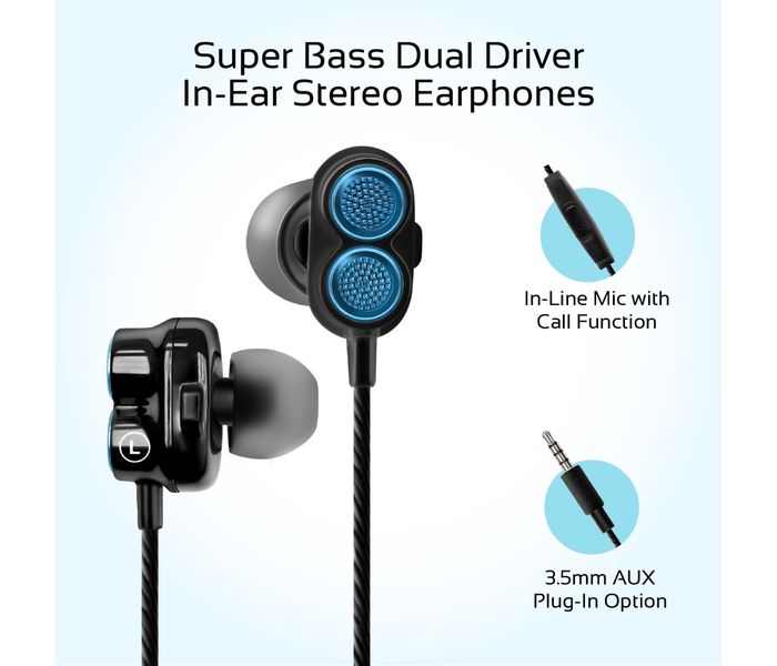 Promate Onyx Bass Boost Dual Driver In-Ear Earphones, Blue - Zoom Image 1