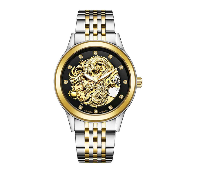 Tevise 9006-Dragon Hollow Dragon Mechanical Watch - Gold & Black - Zoom Image