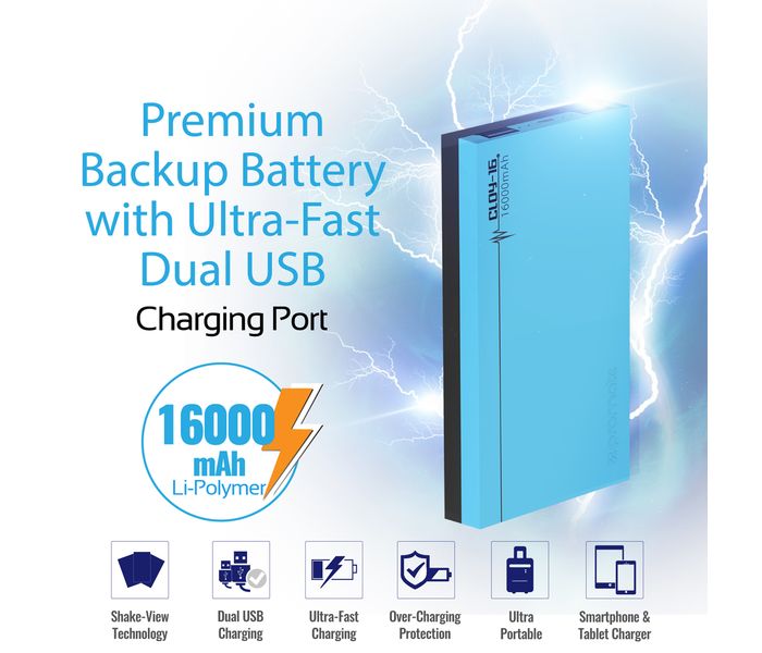 Promate Cloy-16 16000 mAh Dual USB Lightweight Portable Charger Power Bank with 4A Output Fast Charge, Blue - Zoom Image 1