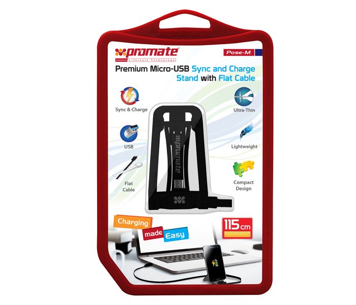 Promate Pose-M Micro-USB Sync and Charge Stand with Flat Cable - Black - Zoom Image 2