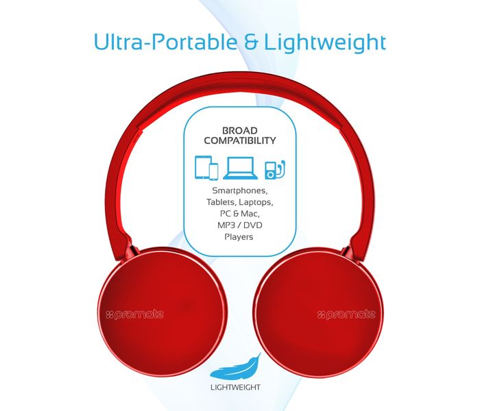 Promate Waves Dynamic Over-Ear Wireless Stereo Headset with Built-In Music Controls, Red - Zoom Image 3