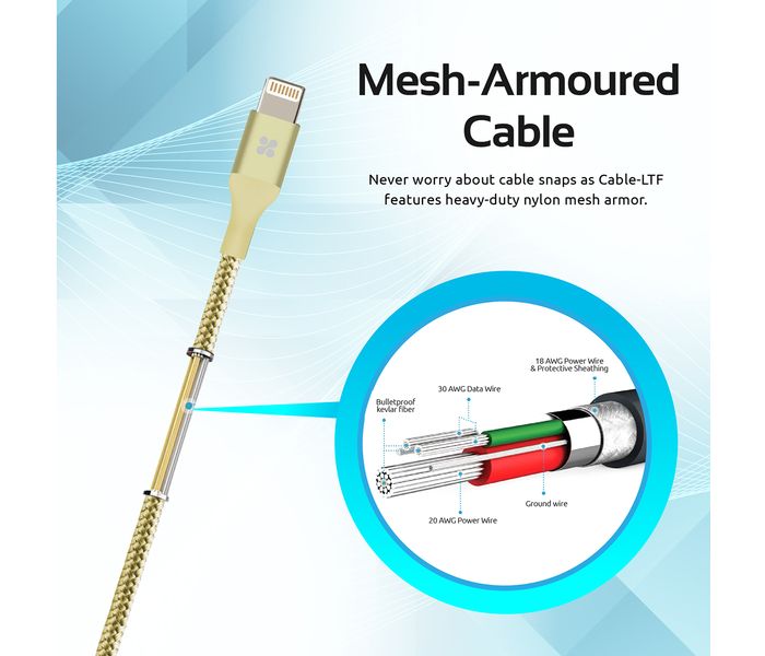 Promate Cable-LTF Heavy Duty Mesh Armored USB Lightning Charge Cable - Gold - Zoom Image 6