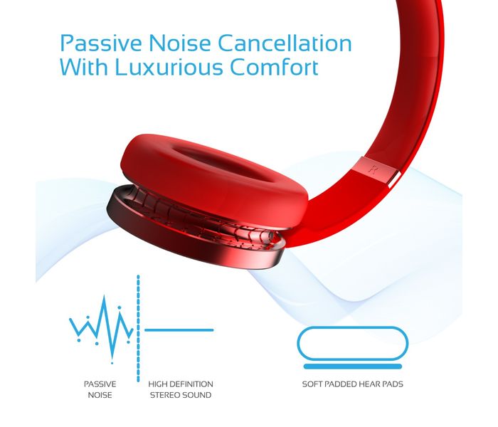 Promate Waves Dynamic Over-Ear Wireless Stereo Headset with Built-In Music Controls, Red - Zoom Image 4