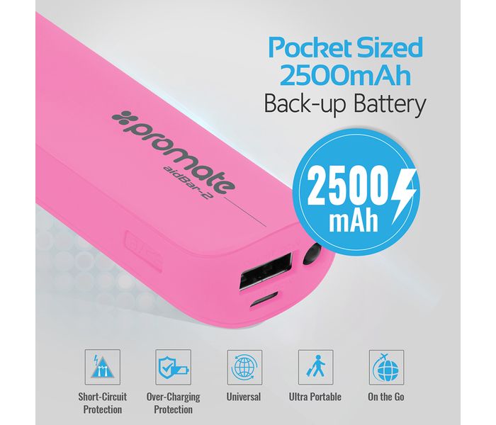 Promate Aid Bar-2 2500 mAh Ultra Compact Universal Power Bank, Pink - Zoom Image 1