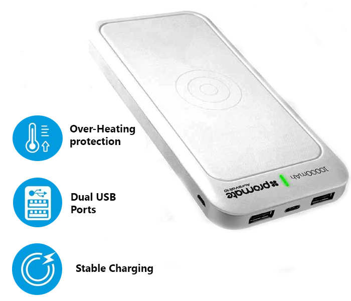 Promate AuraVolt-10 10000 mAh Portable Wireless Charger Power Bank with Type C, White - Zoom Image 2