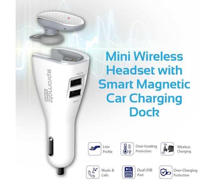 Promate Aria Mini Wireless Headset with Smart Magnetic Car Charging Dock, White - Zoom Image 1