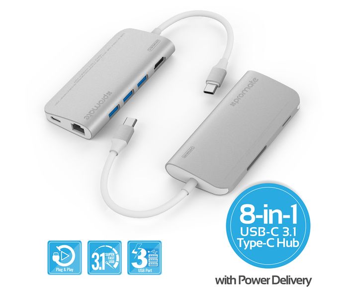 Promate Corehub-C USB 3.1 Type-C Hub CorHub-C, Silver - Zoom Image 1