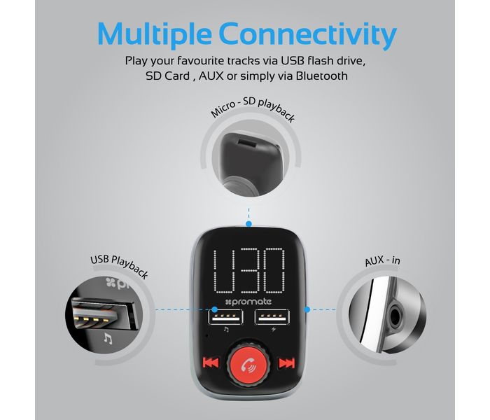 Promate Smartune-3 Wireless In-Car Bluetooth V4.2 FM Transmitter Car Kit with Smart LED Display - Zoom Image 4