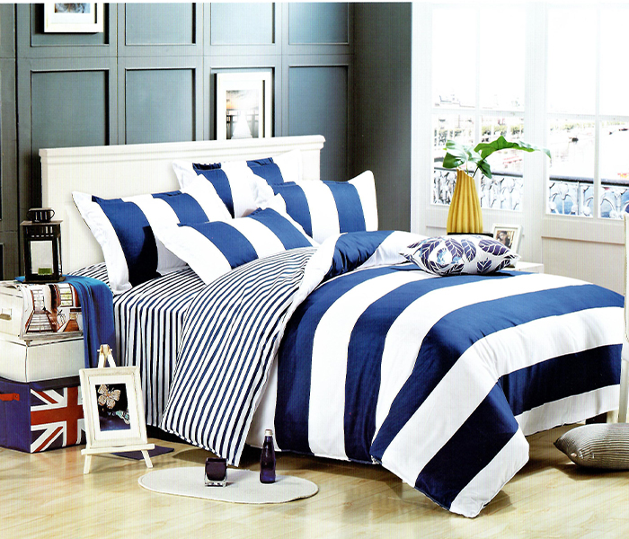 AMH A039 Double Size Bed Sheet with Quilt Cover & Pillow Cover 6pcs - Blue & White - Zoom Image