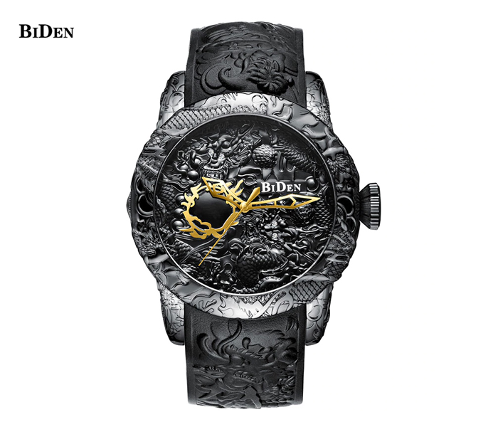 BIDEN 3D Engraved Luxury Silicone Satrap Watch For Men - Black - Zoom Image 1