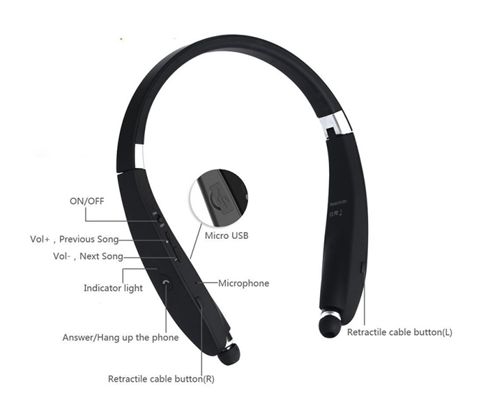 Trands TR-SX991 Retractable & Foldable Bluetooth Neckband Headset - Black - Zoom Image 3