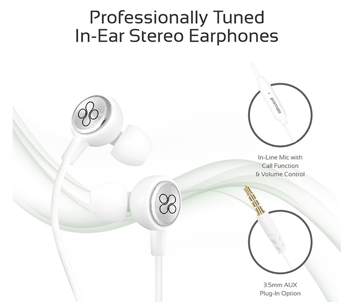 Promate Flano Lightweight Ergonomic High Definition Stereo Earphones - White - Zoom Image 1