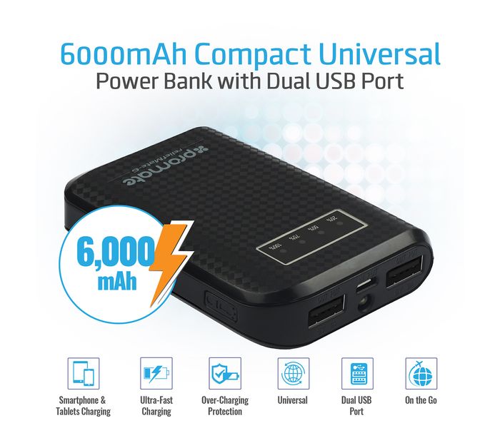 Promate ReliefMate-6 6000 mAh Compact Universal Power Bank, Black - Zoom Image 1