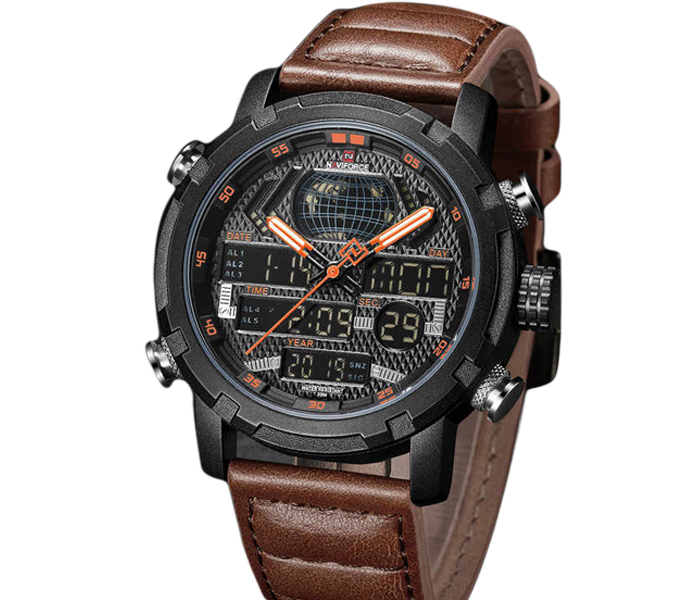 Naviforce 9160 Men Analog-Digital Leather Starp Watch - Brown - Zoom Image 3