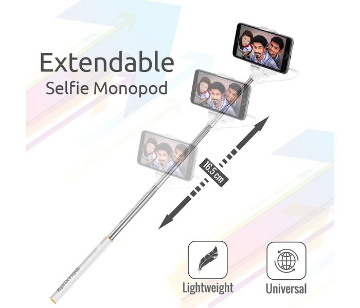 Promate Minipod Perfectly Foldable Extendable Selfie Stick Pole Wire Monopod with Remote Shutter, White - Zoom Image 2