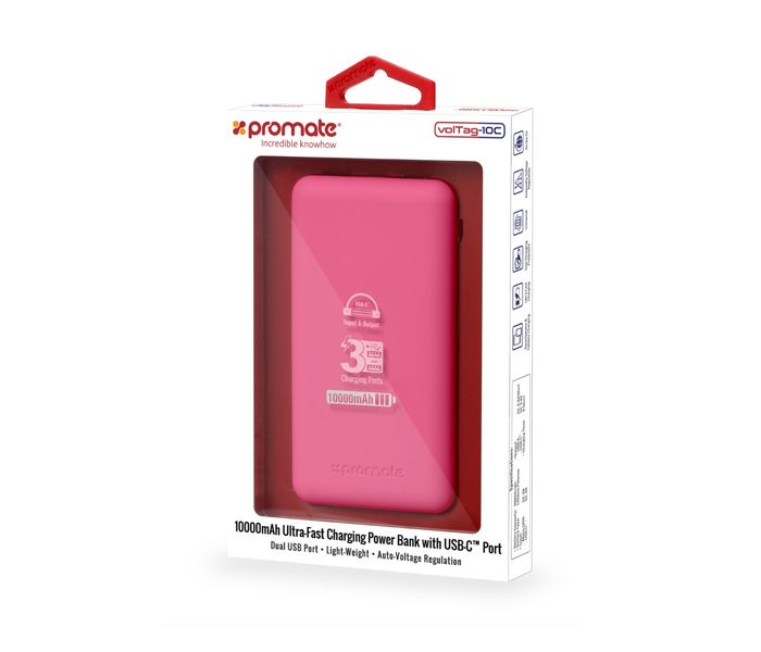 Promate VolTag-10C 10000 mAh Portable Charger Power Bank with Dual USB, Pink - Zoom Image 7