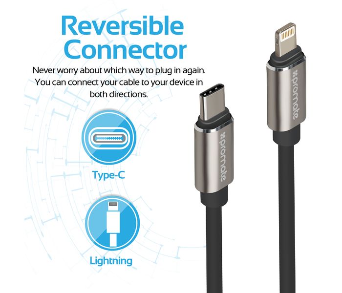 Promate LinkMate-LTC 3.1 Type-C to Lightning Connector Charge and Data Cable - Black - Zoom Image 6