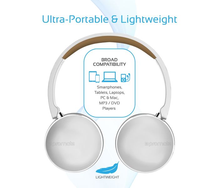 Promate Waves Dynamic Over-Ear Wireless Stereo Headset with Built-In Music Controls, White - Zoom Image 3