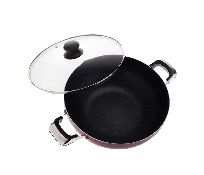 Royalford RF8509 28Cm Non Stick Wok Pan with Glass Lid - Black & Red - Zoom Image 1