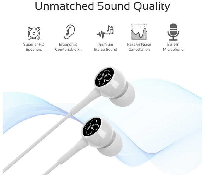 Promate Bent Dynamic In Ear Stereo Wired Earphone with Mic - White - Zoom Image 2