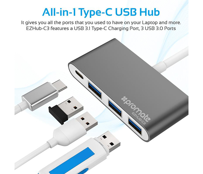 Promate EZHUB-C3 Universal USB 3.1 Type-C Hub with Power Delivery - Grey - Zoom Image 1