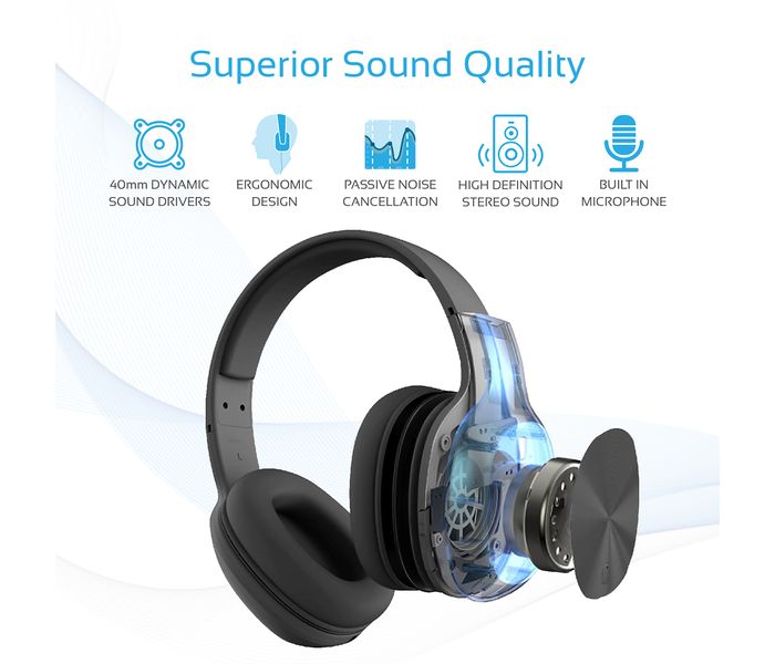 Promate Symphony Hi-Fi On-Ear Wireless Headset with Passive Noise Cancellation, Black - Zoom Image 2