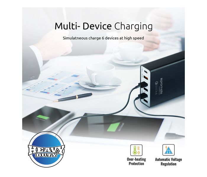 Promate TurboHub 6 Port Quick Charge 3.0 USB Charging Hub with Type C port and 4 Smart Charge Ports, Black - Zoom Image 3