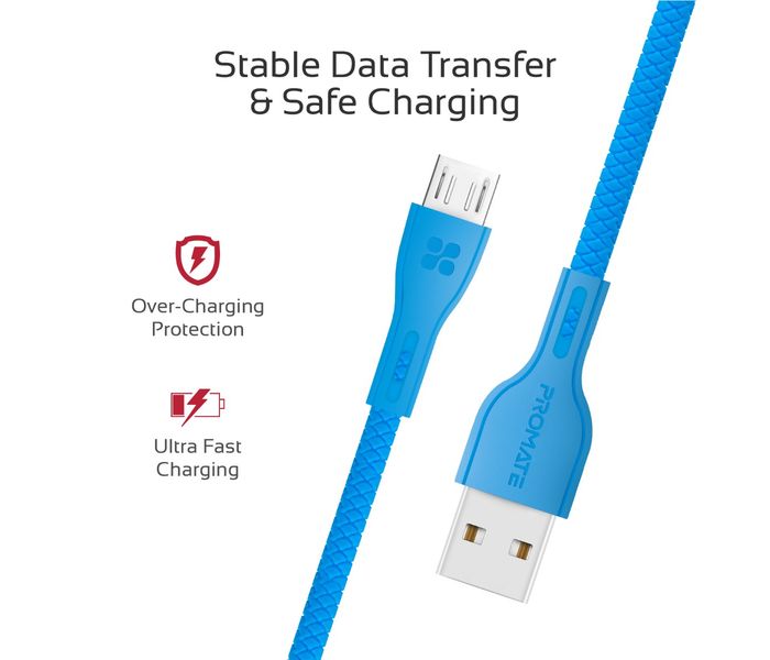 Promate Powerbeam-M Premium 2A Android Fast Charging Micro-USB Cable with Over-Charging Protection - 1.2 Metre, Blue - Zoom Image 4