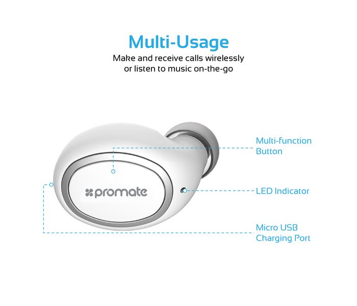 Promate Halo-2 Lightweight Universal Wireless Mono Earphone, White - Zoom Image 1